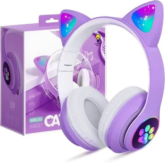 CAT STN-28 Over Ear Music Headset Glowing Ear Headphones Foldable Wireless BT5.0 Earphone with Mic AUX IN TF Card MP3 Player Colorful LED Lights for PC Laptop Computer Mobile Phone